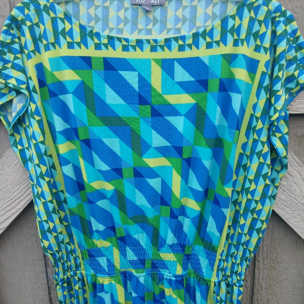 Roz & Ali blue green yellow short sleeve dress